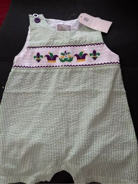 Girl or Boy Seersucker Romper with Fleur-de-Lis Embroidery - Green & Purple